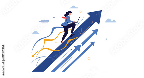 A determined businesswoman climbs a large upward arrow while working on a laptop, symbolizing career advancement and professional growth.
