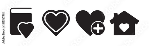 Collection of book heart and home icons with various styles for learning and care