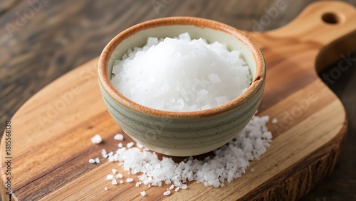 Generative AI coarse sea salt in a bowl on wood