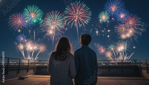 Silhouette of a couple watching a colorful fireworks display from a rooftop. Romantic New Year's Eve celebration concept.