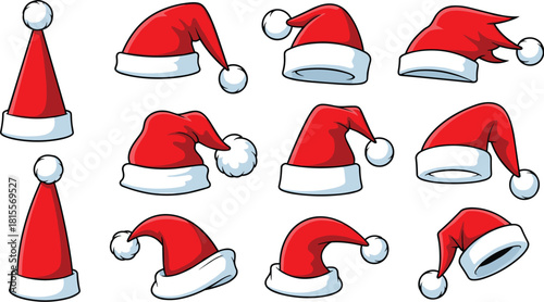 Festive Collection of Santa Hats in Various Cartoon Styles Featuring Fluffy Trims, Pom-Poms, and Fun Christmas-Themed Holiday Designs