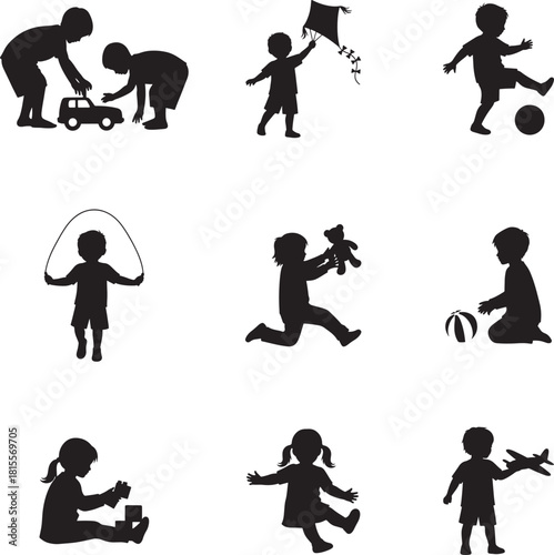 Kids Playing With Toys Games Silhouette Vector Set
