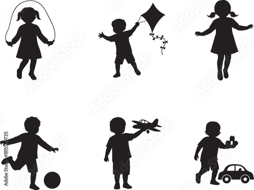 Kids Playing With Toys Games Silhouette Vector Set