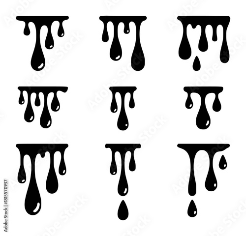 Black Dripping Liquid Icons Set - Abstract Flowing Paint and Ink Splatters