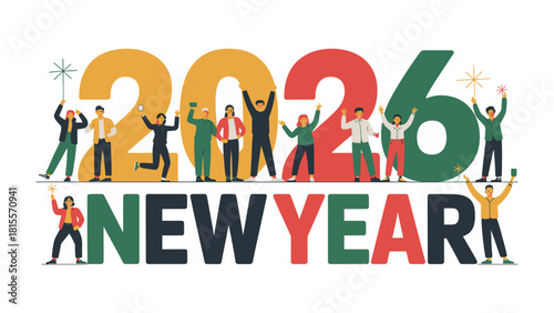 New Year's Celebration 2026: The anticipation of new beginnings in a vibrant new year. A cheerful and diverse group of individuals comes together to welcome the year 2026.