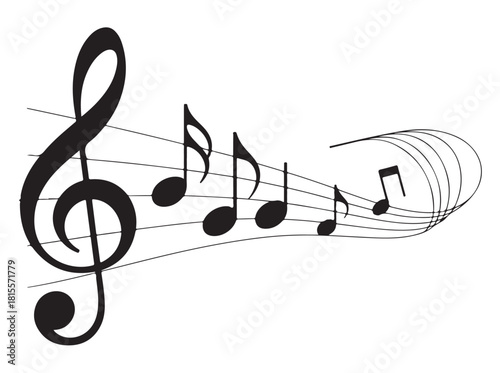 Musical notes vector illustration flowing on staff lines isolated on white background for music design and decoration