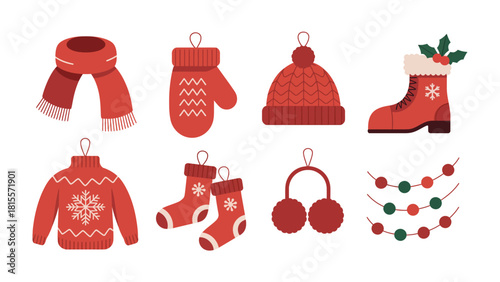 Festive winter accessories: A collection of warm winter accessories in a festive arrangement, featuring a scarf, mitten, hat, boot, sweater, socks, earmuffs, and a garland.