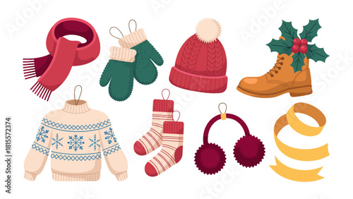 Cozy Winter Accessories: Embrace the winter with this charming illustration of various cold-weather accessories and essentials, perfect for staying warm and stylish during the colder months.
