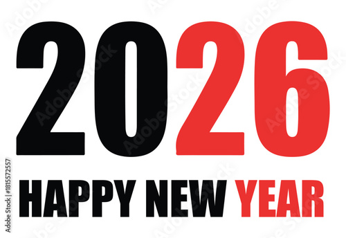 Happy New Year 2026 vector graphic bold typography in black and red for festive greetings and celebration designs