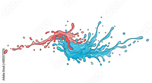 Dynamic collision of red and blue liquids, creating a vibrant splash of water or paint in a hand-drawn, comic book style illustration.