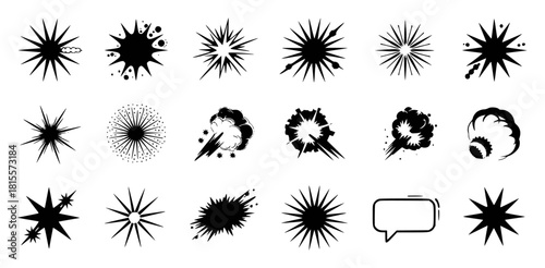 Collection of Black and White Comic Book Style Explosion and Burst Icons