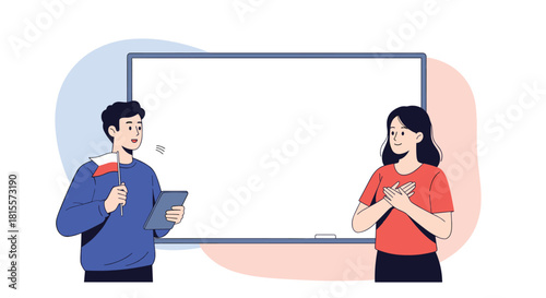 Polish language teacher holding a small flag of Poland while a student stands respectfully in front of a blank whiteboard in a classroom.