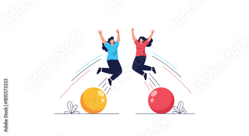 Two happy young women joyfully jumping from springboards, illustrating concepts of success, energy, achievement, and celebrating a shared victory together.