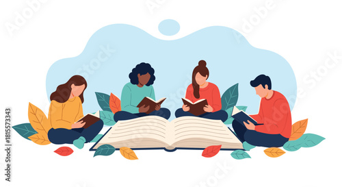 A diverse group of four young people sitting together in nature, deeply engrossed in reading books, symbolizing a love for literature and learning.