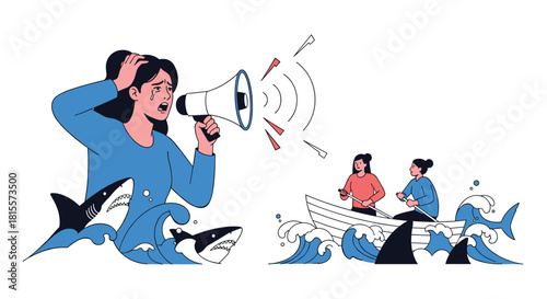 A woman in shark-infested waters screams for help through a megaphone, illustrating concepts of panic attacks, anxiety, fear, and desperate communication.