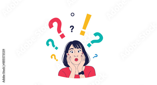 A surprised young woman with her hands on her cheeks, surrounded by colorful question marks and an exclamation point, symbolizing curiosity and confusion.