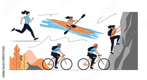 A collection of illustrations showing an athletic woman engaged in various outdoor adventure sports like running, kayaking, rock climbing, and cycling.
