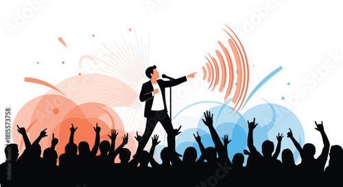 A charismatic singer or rock star performs on stage for an excited crowd of fans with their hands in the air, creating an energetic concert atmosphere.