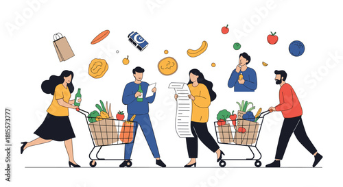 A group of diverse people grocery shopping together, pushing carts full of food and checking a long shopping list in a supermarket aisle.