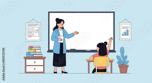 A female teacher stands by a whiteboard in a classroom, teaching a lesson to a young student who is raising her hand to answer a question.