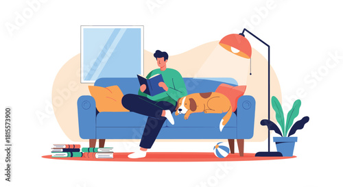 A young man is relaxing on a comfortable blue sofa at home, reading a book while his beagle dog sleeps peacefully next to him.