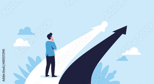 A pensive businessman stands at a crossroads where two paths diverge, contemplating his choice and making a critical decision about his future direction.