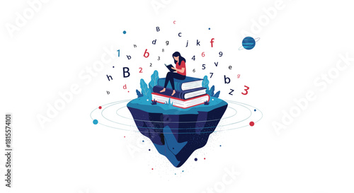 A young woman reads a book while sitting on a floating island of literature in space, surrounded by flying letters, numbers, and planets.