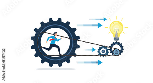 A businessman runs inside a large gear that powers smaller gears to light up an idea bulb, illustrating innovation, effort, and productivity.