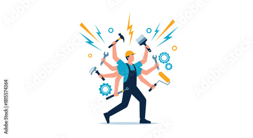 A multi-tasking handyman character with six arms holds various tools like a hammer, wrench, and paint roller, ready for any repair or construction job.