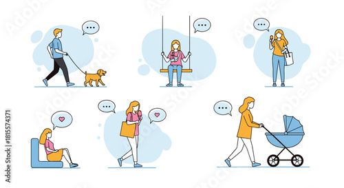 A collection of people in various everyday situations, including walking a dog, sitting on a swing, pushing a stroller, and using a smartphone.