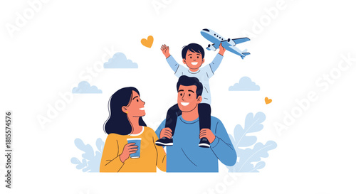 A happy family of three, with the joyful son riding on his father's shoulders holding a toy airplane, and the mother watching with a smile.