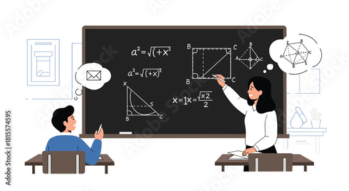 A female teacher explains complex geometry on a chalkboard while a distracted male student daydreams about messages on his phone during class.