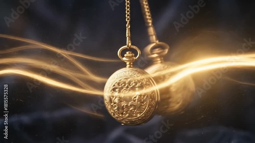 Antique gold pocket watch swinging like a pendulum with magical light trails. Vintage timepiece moving back and forth with glowing energy streaks. Hypnosis and time concept