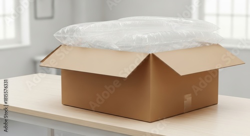 Open cardboard box with air cushions on table in bright room