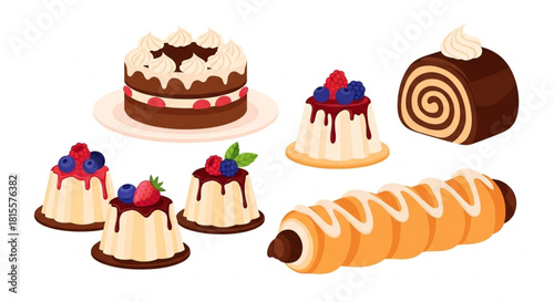 Indulge in sweet delights with a charming collection of cakes, rolls, and puddings perfect for dessert menus, baking blogs, and sweet treat promotions