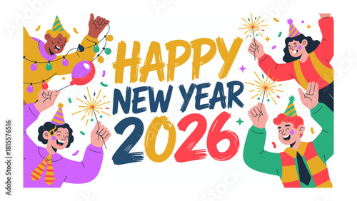 Joyful New Year Celebration 2026: Vibrant group celebrates the New Year, raising sparklers and filled with joy 