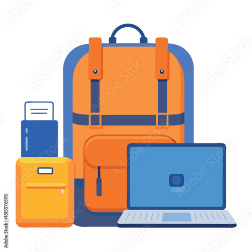 Travel and Remote Work Equipment: Backpack, Luggage, and Laptop Vector Illustration