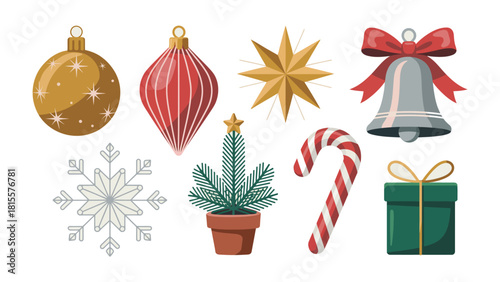 Festive Ornaments and Embellishments: A collection of decorative elements, including ornaments, stars, bells, and a gift box, evoke the spirit of the holiday season.