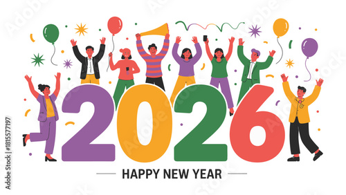 New Year 2026 Celebration: A vibrant illustration of a jubilant group welcoming the New Year 2026, balloons and streamers dancing in the air, a visual celebration of anticipation and joy.