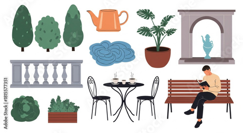 Find your peaceful escape with cozy cafe scenes and a reading man on a bench, perfect for lifestyle and relaxation concepts in your next project