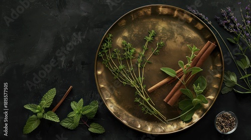 Advertising - product photo of decorative realistic of oregano leaves, thyme leaves, cinnamon bark, rosemary leaves, lavender on large reflective brass plate on black natural background