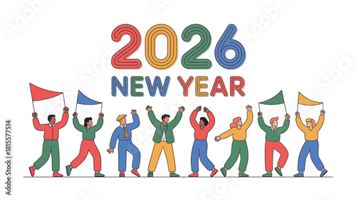 New Year's Celebration 2026: A vibrant and diverse group welcomes the New Year, raising flags and expressing exuberance for the upcoming year of 2026.