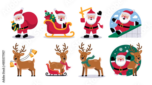 Joyful Festive Illustrations: A delightful set of illustrations captures the spirit of the festive season, with Santa Claus and his reindeer engaged in various jolly activities.