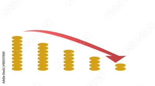 Financial Downfall,Decline Coin Stacks with Red Arrow