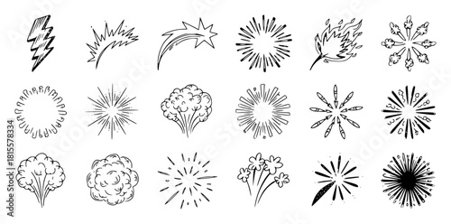 Hand-drawn collection of comic book style explosion and burst effects