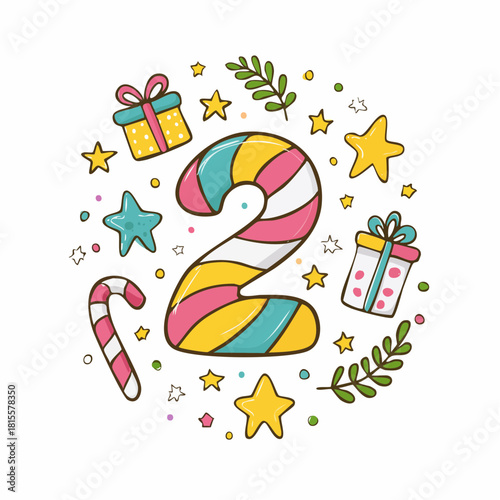 Colorful Number 2 with Candy Canes and Stars