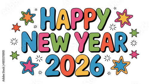 Celebratory New Year 2026 Typography: A vibrant and colorful typography design to spread festive cheer, filled with twinkling stars that captures the excitement for new beginnings.