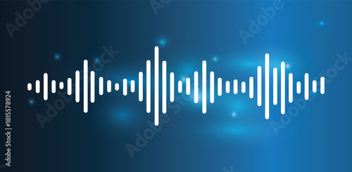 Abstract sound wave lines isolated on dark blue gradient background with glowing particles