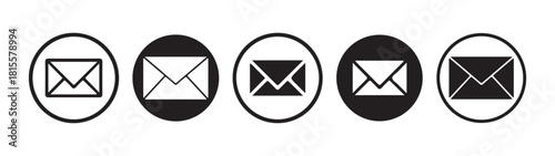 Set of rounded black and white email icons in circles with various mail envelope designs