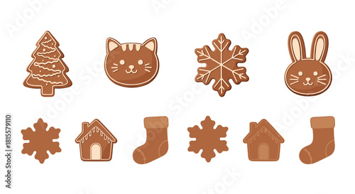 A delicious set of Christmas gingerbread cookies in various festive shapes like trees, snowflakes, animals, and houses for the holidays.